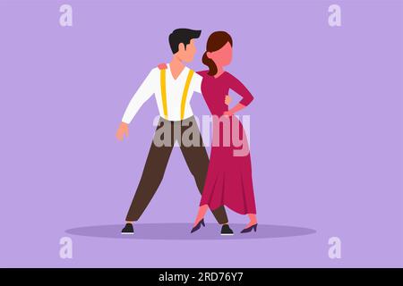 Personaggio piatto che disegna giovani che ballano salsa. Uomo e donna felici nella danza. Paia di ballerini con valzer tango e salsa. Coppia danc Foto Stock
