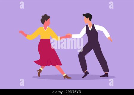 Disegnare uomo e donna in stile piatto con cartoni animati che ballano Lindy Hop o Swing. Personaggi maschili e femminili che si esibiscono in danza a scuola o durante le feste serali. Coppia danc Foto Stock