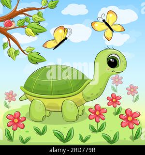 Graziosa tartaruga verde dei cartoni animati in natura. Illustrazione vettoriale di animali primaverili con fiori rossi, erba verde, albero, farfalle gialle, cielo blu Illustrazione Vettoriale