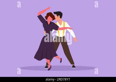 Disegno piatto di personaggi di giovani ballerini professionisti che ballano tango, valzer danze in pista da ballo. Felice performance di coppia Foto Stock