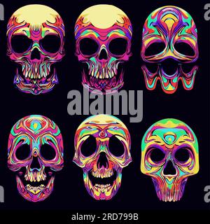 teschi di magia psichedelica pronti. teschi allucinogeni luminosi in colori acidi su sfondo nero. Illustrazione Vettoriale