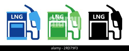 Raccolta di set di icone stazione di rifornimento pompa di gas naturale liquefatto a GNL di colore blu verde nero Illustrazione Vettoriale