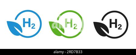 Combustibile alternativo H2 idrogeno simbolo rotondo a foglia ecocompatibile di colore blu verde nero Illustrazione Vettoriale