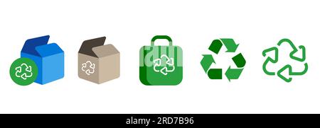 Simbolo del triangolo riciclo confezione di prodotti riciclati sacchetto della spesa confezione di cartone raccolta di icone Illustrazione Vettoriale