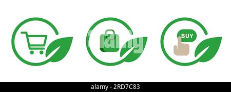 Decisione di acquisto del carrello della spesa responsabile nella collezione di icone con cerchio di foglie verdi Illustrazione Vettoriale