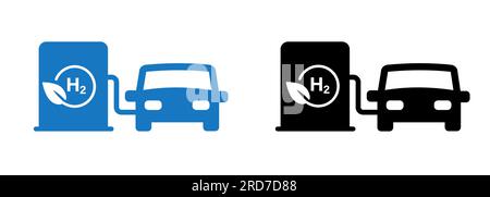 Icona della stazione di rifornimento per veicoli a idrogeno H2 simbolo rotondo a foglia blu e nero Illustrazione Vettoriale