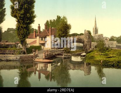 Pulls Ferry, ex casa di traghetti situata sul fiume Wensum a Norwich, Norfolk, Inghilterra, 1895, storico, Riproduzione digitale migliorata di una vecchia stampa Photochrome Foto Stock