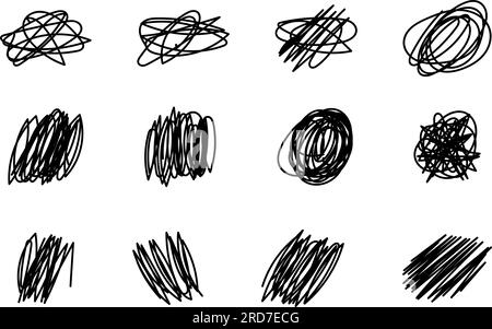 Tratti di pennello nero disegnati a mano. Matita, pennarello e penna Doodle. Disegnare e tracciare linee. Illustrazioni vettoriali isolate su sfondo bianco. Illustrazione Vettoriale