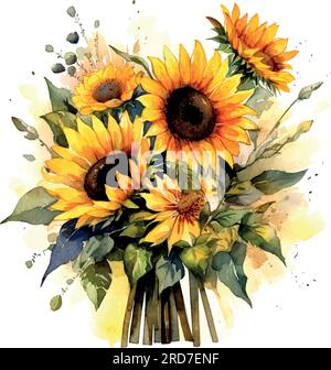 Acquerello giallo girasoli in stile vintage. Elemento di disegno illustrazione vettoriale. Estate Illustrazione Vettoriale