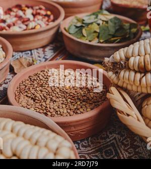 Varie spezie essiccate, cereali andini e cereali in piccoli recipienti ed erbe crude, pagamento pachamama. Foto Stock