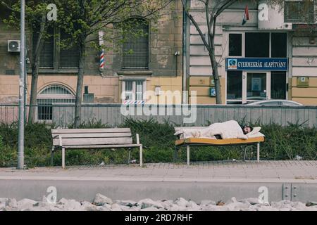 Un senzatetto dorme su un materasso in un parco. In Ungheria, soprattutto a Budapest, si è diffusa una preoccupazione per i senzatetto. A causa dell'elevata inflazione, la città ha visto un aumento del numero di persone che vivono nelle strade. Fattori come la povertà, la disoccupazione, problemi di salute mentale e la mancanza di alloggi a prezzi accessibili contribuiscono al problema. Il governo ungherese e le autorità locali hanno attuato varie misure per affrontare i senzatetto. Questi includono la fornitura di rifugi di emergenza, servizi sociali e programmi volti al reinserimento nella società. Non governativo Foto Stock