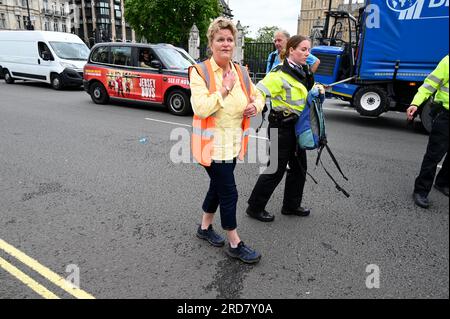 Londra, Regno Unito. Un attivista della JSO ammanettato è detenuto e attende il trasporto dalla piazza. Just Stop Oil ha marciato oggi per chiedere che il governo fermi tutti i nuovi progetti nel settore del petrolio e del gas. Crediti: michael melia/Alamy Live News Foto Stock