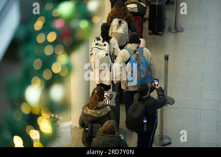 Coda dei passeggeri alla stazione di St Pancras a Londra. Foto Stock