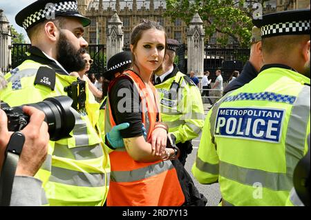 Londra, Regno Unito. Un attivista della JSO ammanettato è detenuto e attende il trasporto dalla piazza. Just Stop Oil ha marciato oggi per chiedere che il governo fermi tutti i nuovi progetti nel settore del petrolio e del gas. Crediti: michael melia/Alamy Live News Foto Stock