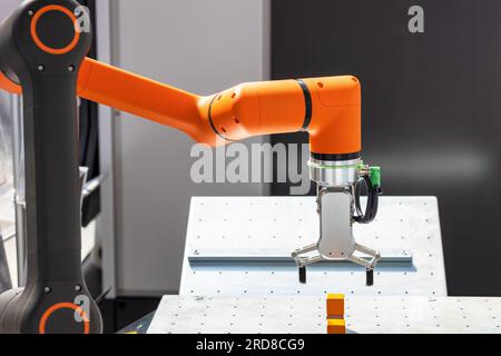 Pick and Place industriale e inserimento, test di qualità o braccio robotizzato per la cura della macchina Foto Stock