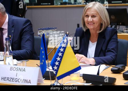 Bruxelles, Belgio. 19 luglio 2023. Borjana KRISTO, presidente del Consiglio dei ministri della Bosnia-Erzegovina, partecipa al Consiglio di stabilizzazione e associazione UE-Bosnia-Erzegovina a Bruxelles, in Belgio, il 19 luglio 2023. Credito: ALEXANDROS MICHAILIDIS/Alamy Live News Foto Stock