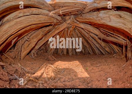 Interno di un antico Hogan utilizzato nelle cerimonie Navajo, nel Navajo National Monument, riserva indiana Navajo a nord-ovest della città di Kayenta Foto Stock