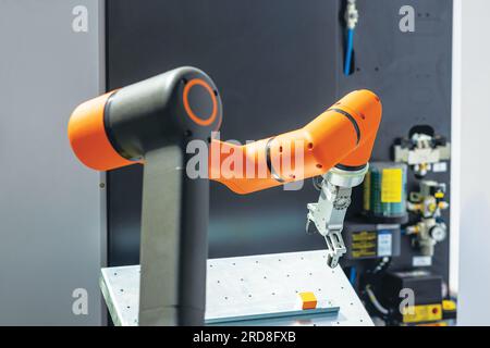 Braccio robotizzato o robot per prelievo e posizionamento industriale, inserimento, test di qualità o manutenzione di macchinari Foto Stock