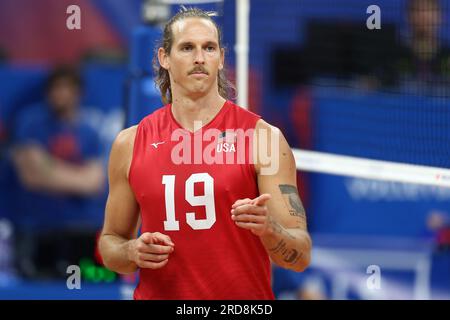 Danzica, Polonia. 19 luglio 2023. Taylor Averill durante la partita della FIVB Volleyball Men's Nations League tra Stati Uniti e Francia il 19 luglio 2023 a Danzica in Polonia. (Foto di Piotr Matusewicz/PressFocus/Sipa USA) credito: SIPA USA/Alamy Live News Foto Stock