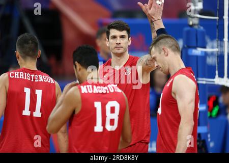 Danzica, Polonia. 19 luglio 2023. Matthew Anderson durante la partita della FIVB Volleyball Men's Nations League tra Stati Uniti e Francia il 19 luglio 2023 a Danzica in Polonia. (Foto di Piotr Matusewicz/PressFocus/Sipa USA) credito: SIPA USA/Alamy Live News Foto Stock