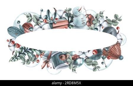 Inverno, Capodanno, modello di Natale con cornice ovale con pupazzo di neve, oggetti a maglia, cotone, palline di Natale, giocattoli, regali. Mano illustrazione acquerello Foto Stock