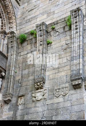 Dettaglio delle pareti in pietra con stemmi Plaza de las Praterias Santiago de Compostela Arcicattedrale Basilica Santiago de Compostela Galizia Spagna Foto Stock