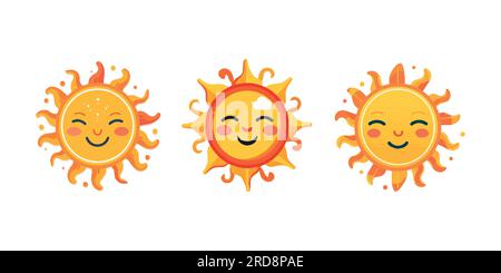 Emoji del sole. Divertente sole estivo, emoticon Sun baby Happy Morning. Cartone animato sorridente e soleggiato volto icone vettoriali Illustrazione Vettoriale