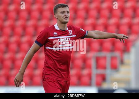 Dael Fry n. 6 di Middlesbrough gesti e reagisce durante la partita amichevole pre-stagione Rotherham United vs Middlesbrough al New York Stadium, Rotherham, Regno Unito, 19 luglio 2023 (foto di James Heaton/News Images) Foto Stock