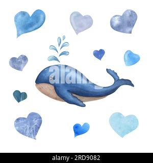 Balena da cartone animato blu tra l'acqua sotto forma di cuori diversi. Illustrazione acquerello isolata su sfondo bianco. Foto Stock