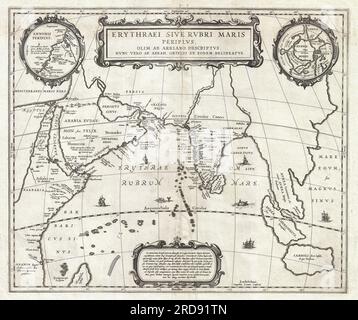 Un'insolita e attraente mappa del 1658 dell'Oceano Indiano, o Mar Eritreo, come era nell'antichità. Composta da Jan Jansson dopo una simile mappa del 1597 pubblicata da A. Ortelius nel suo Parergon . Copre dall'Egitto e dalla valle del Nilo verso est, oltre Arabia e India, fino al sud-est asiatico e Giava. Cartograficamente, India, Arabia e Africa corrispondono approssimativamente alle convenzioni del periodo. Il sud-est asiatico è meno riconoscibile, ma la penisola malese, Sumatra e Giava sono chiaramente noti. La maggior parte dei toponimi usati in tutto il territorio derivano da Tolomeo, che a sua volta ha basato la sua descrizione della regione h Foto Stock