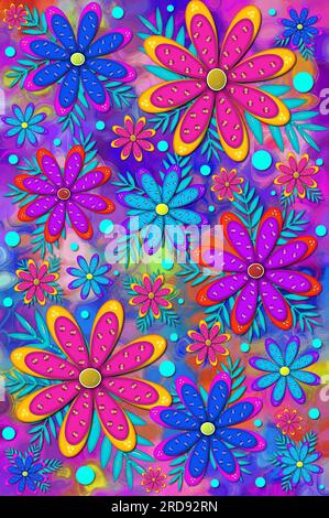 Mod and fun scrapbooking background has layered flower with 3D shiny beads.  Brilliant colors of pink, blue and purple color flowers and background. Stock Photo