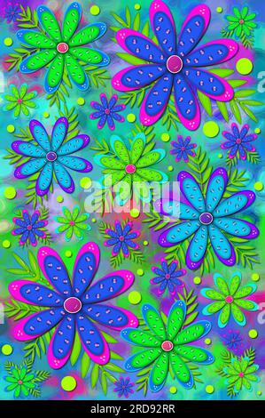 Mod and fun scrapbooking background has layered flower with 3D shiny beads.  Brilliant colors of pink, blue and green color flowers and background. Stock Photo