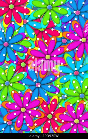 Brilliant daisies in pink, green, red and blue are covered in white polka dots.  Flowers are layered in a pattern of 2D petals and dots. Stock Photo