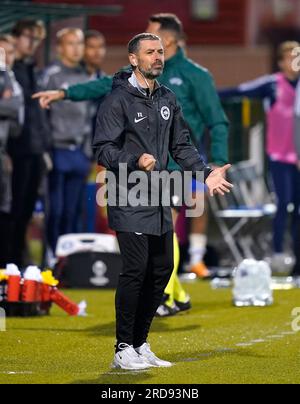 Il manager di Larne Tiernan Lynch reagisce sulla linea di contatto durante il primo turno di qualificazione della UEFA Champions League, partita di andata e ritorno a Solitude, Belfast. Data foto: Mercoledì 19 luglio 2023. Foto Stock