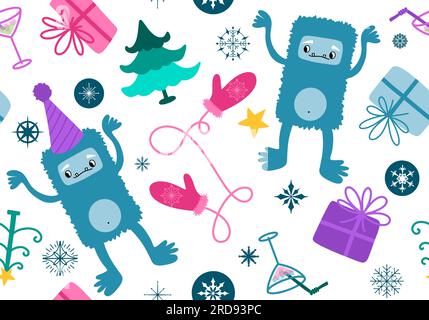 Motivo natalizio senza cuciture Cartoon yeti per confezionare carta e accessori e tessuti per l'anno nuovo, stampa abiti per bambini e confezioni per le feste. Qua alta Foto Stock