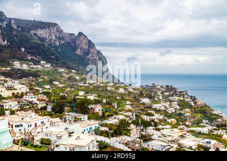 View of houses on a hillside from Marina Grande, Capri, Italy Foto Stock
