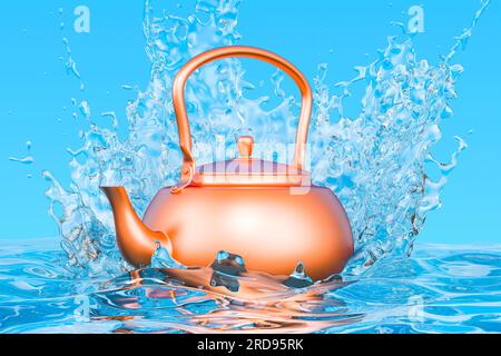 Bollitore in rame con spruzzi d'acqua trasparenti, rendering 3D. Foto Stock