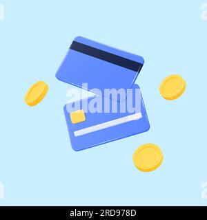 carte di credito in plastica 3d e monete d'oro in volo. illustrazione vettoriale realistica isolata su sfondo blu. Illustrazione Vettoriale