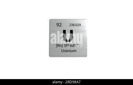 Elemento in uranio su una tavola periodica metallica su sfondo bianco. Icona e illustrazione con rendering 3D. Foto Stock