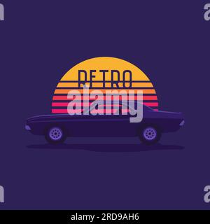 Muscle car americana sullo sfondo di un'onda solare retrò a righe.illustrazione vettoriale nello stile degli anni '80 Illustrazione Vettoriale