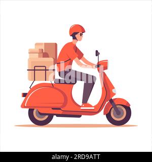 Consegna rapida e gratuita tramite corriere con scooter. Cartone animato vettoriale isolato su sfondo bianco. Illustrazione Vettoriale