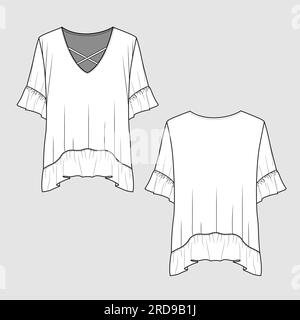 Camicia da donna con scollo a V incrociato orlo e volant manica maglia superiore disegno tecnico stile piatto disegno vettoriale Illustrazione Vettoriale