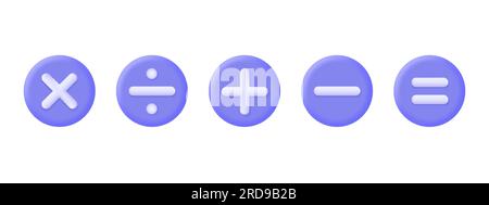 set 3d di segni matematici. più, meno, dividere, moltiplicare, uguale. pulsanti rotondi per la calcolatrice. illustrazione vettoriale isolata su sfondo bianco Illustrazione Vettoriale