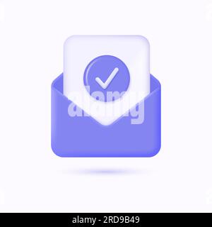 busta di posta 3d con un file all'interno e un'icona con un segno di spunta in uno stile di cartone animato realistico. il concetto di ricezione delle approvazioni tramite e-mail. illustrati vettoriali Illustrazione Vettoriale