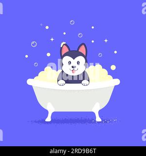 Illustrazione vettoriale di un grazioso husky in stile kawaii che fa un bagno pieno di sapone. concetto di cura degli animali. Illustrazione Vettoriale
