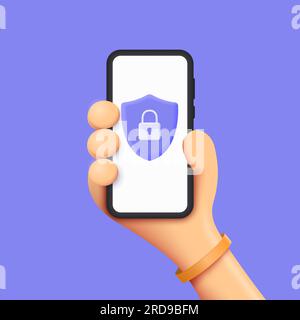 telefono cellulare con impugnatura 3d, icona con scudo con lucchetto in stile minimalista. concetto di protezione della privacy o della sicurezza. illustrazione vettoriale isolata su wh Illustrazione Vettoriale
