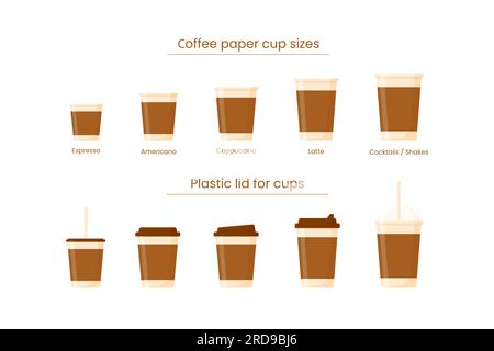 set di icone con tazze di carta per caffè di diverse dimensioni e coperchi diversi. disegno di illustrazione vettoriale isolato su sfondo bianco Illustrazione Vettoriale