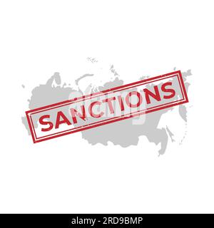 sigillo rettangolare rosso con l'iscrizione sanzioni con un effetto grunge e una mappa della russia. illustrazione vettoriale isolata su sfondo bianco. Illustrazione Vettoriale
