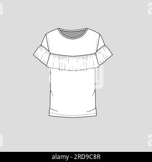 T-shirt moda da donna Ruffles top girocollo piatto disegno tecnico disegno vettoriale Illustrazione Vettoriale