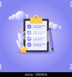 elenco di controllo 3d con segni di spunta. il concetto di attività completata, piano di lavoro, test o esame. illustrazione vettoriale isolata su sfondo bianco. Illustrazione Vettoriale